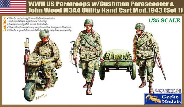 GM0041 1/35 WWII US PARATROOPS W/CUSHMAN PARASCOOTER & JOHN WOOD M3A4 UTILITY HAND CART MOD.1943 (SET 1)