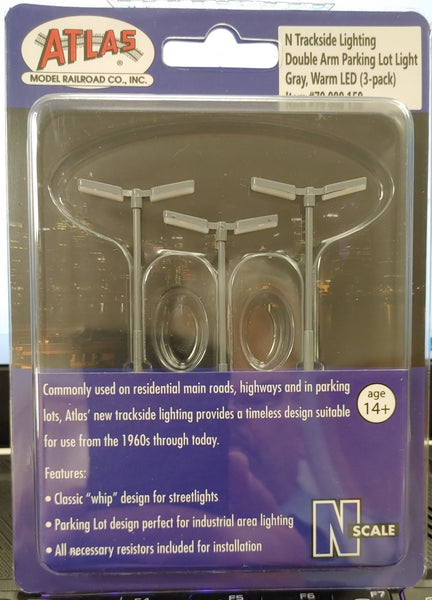 ATL70000198 Atlas N TRACKSIDE LIGHTING DOUBLE ARM PARKING LOT LIGHT GREY WARM LED 3PK (Copy)