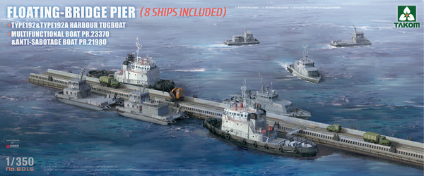 TAK6015 Takom 1/350 Floating-Bridge Pier (8 Ships Included) + Type192&Type192A Harbour Tugboat + Multifunctional Boat PR.23370 & Anti-Sabotage Boat PR.21980